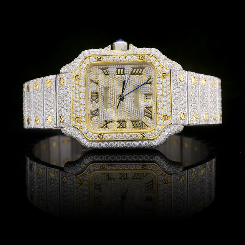 Moissanite Iced Out Square Automatic Watch – Dual Tone Yellow Edition (41mm)
