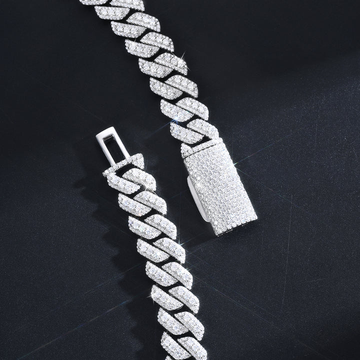 3D Miami Cuban Link Prong Chain Necklace – Iced Out (Raised Center Moissanite Stones, 925 Sterling Silver)