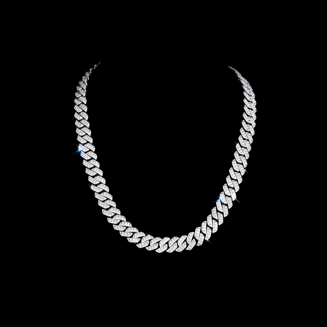 3D Miami Cuban Link Prong Chain Necklace – Iced Out (Raised Center Moissanite Stones, 925 Sterling Silver)