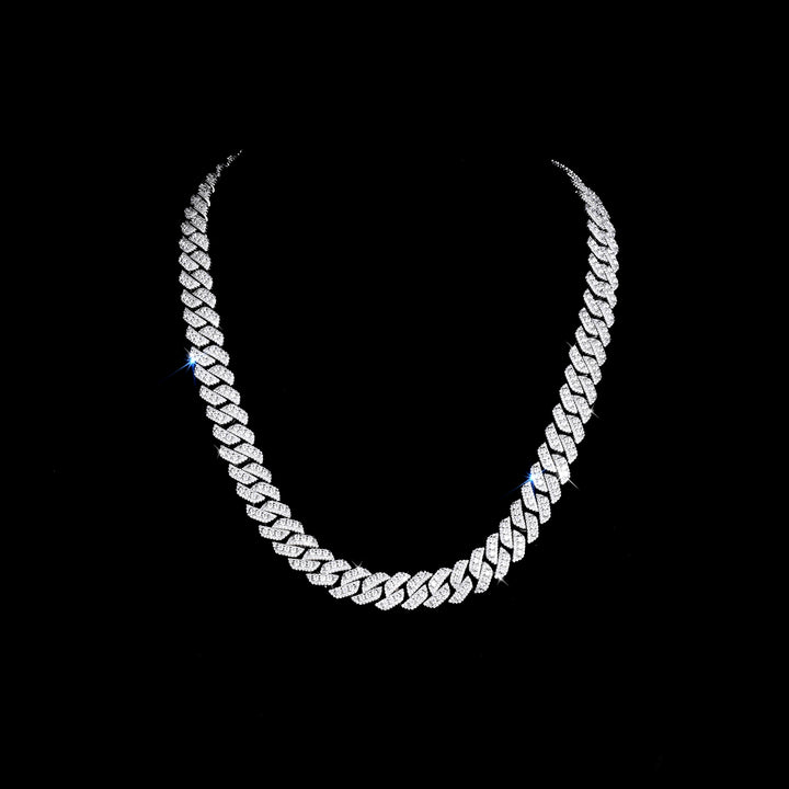 3D Miami Cuban Link Prong Chain Necklace – Iced Out (Raised Center Moissanite Stones, 925 Sterling Silver)