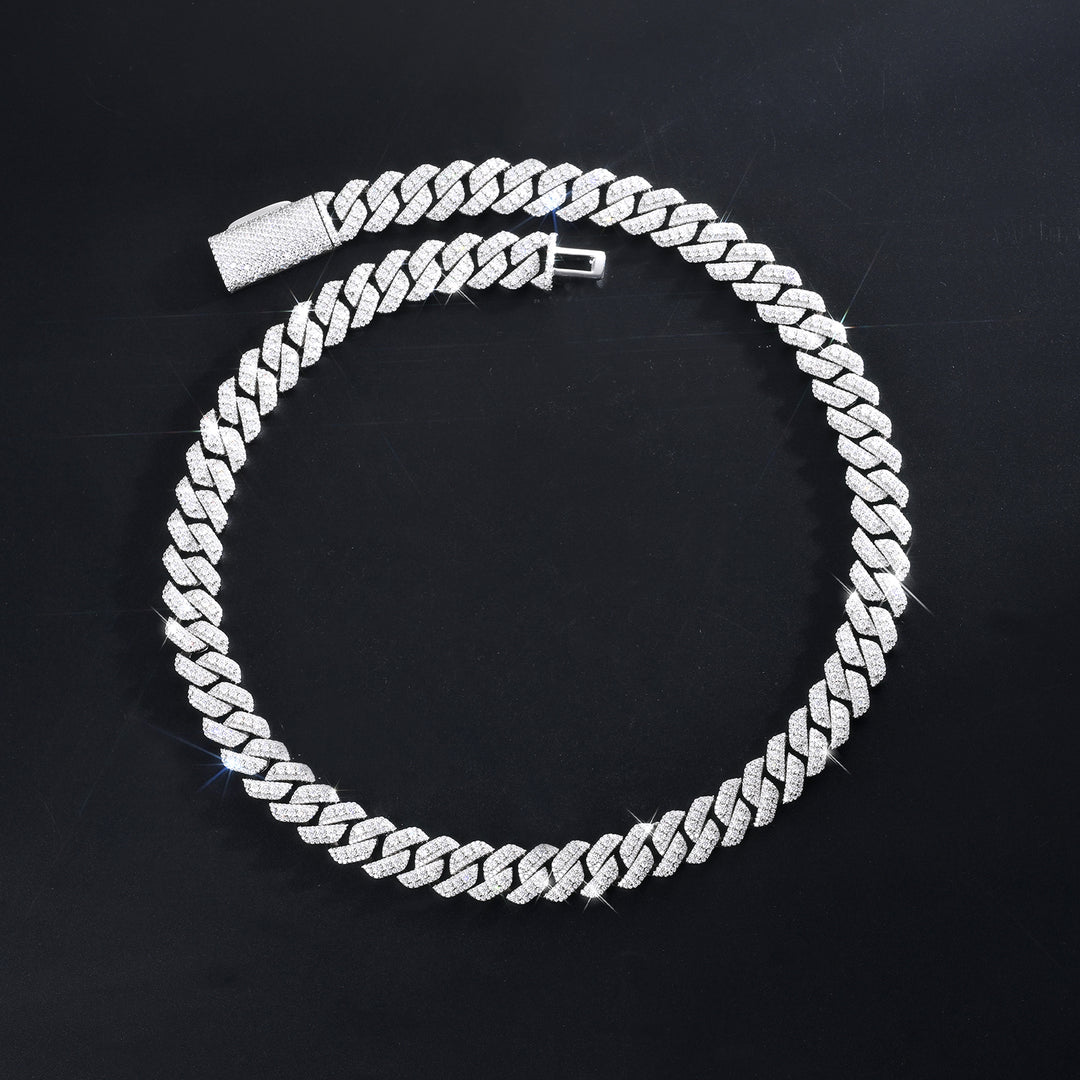 3D Miami Cuban Link Prong Chain Necklace – Iced Out (Raised Center Moissanite Stones, 925 Sterling Silver)