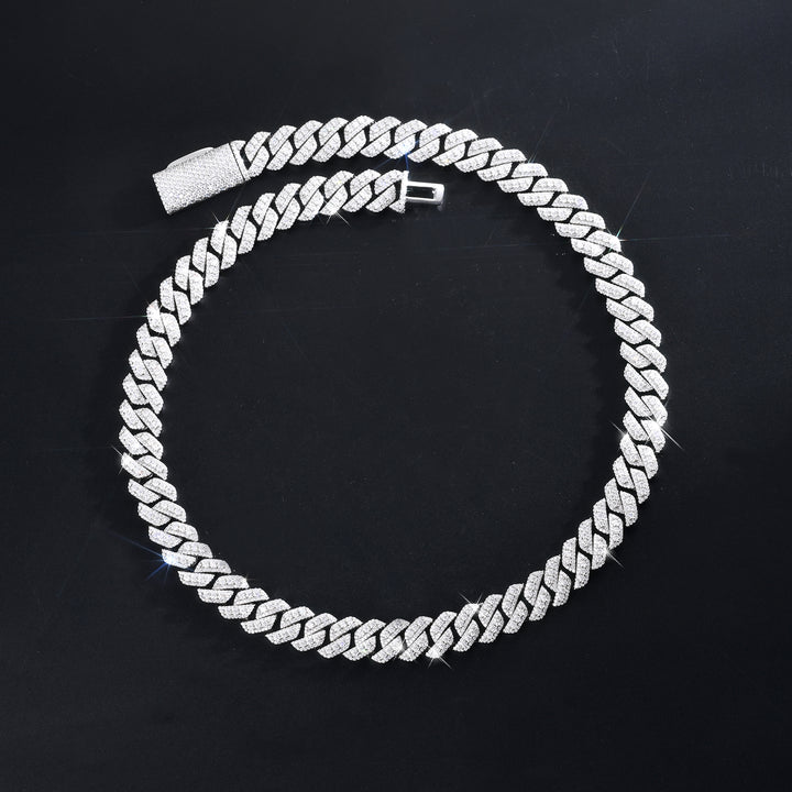 3D Miami Cuban Link Prong Chain Necklace – Iced Out (Raised Center Moissanite Stones, 925 Sterling Silver)