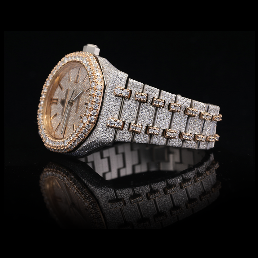 Moissanite Iced Out Round Automatic Watch – Dual Tone Rose Gold Edition (41mm)